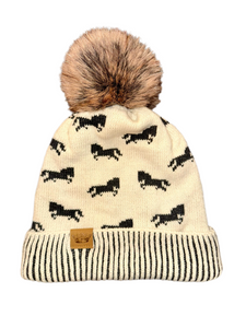 Ivory Horse Pattern Pom Hat