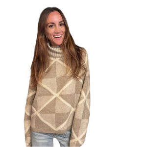 Diamond Pattern Turtleneck Sweater- Taupe
