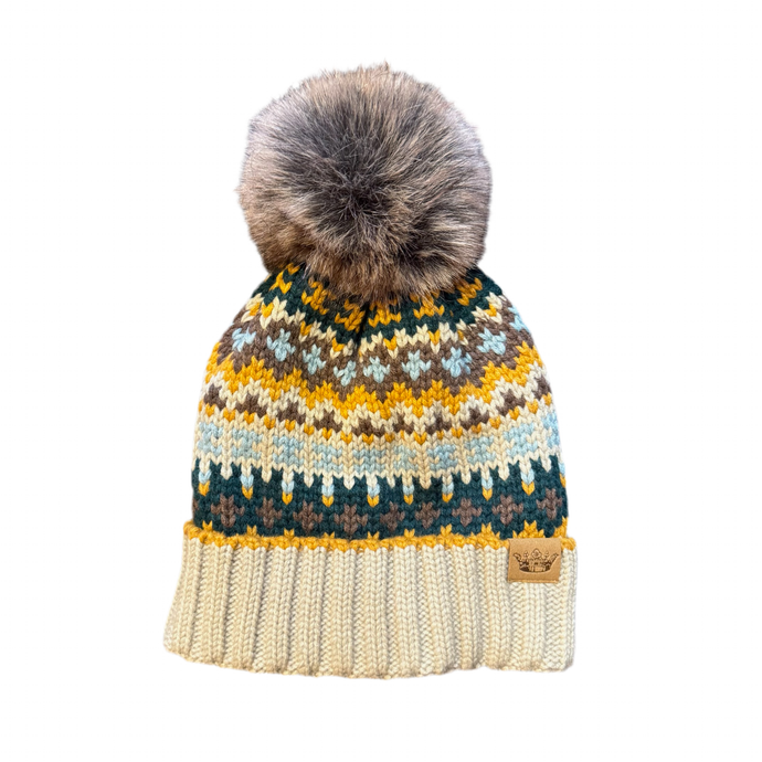 Taupe & Multicolored Patterned Pom Hat Pom Hat