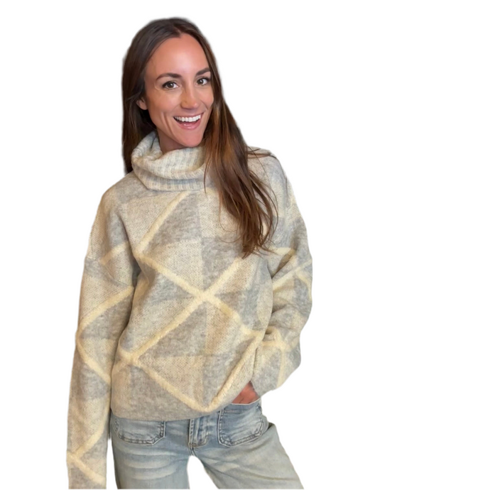 Diamond Pattern Turtleneck Sweater- Dusty Blue