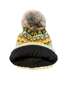 Taupe & Multicolored Patterned Pom Hat Pom Hat